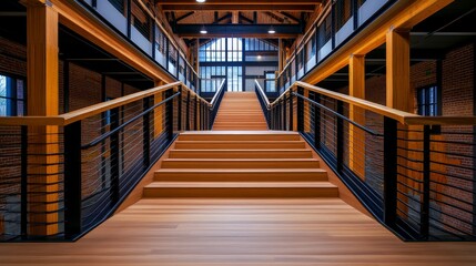 Fototapeta premium Modern interior of a spacious wooden staircase in a renovated industrial building with natural light