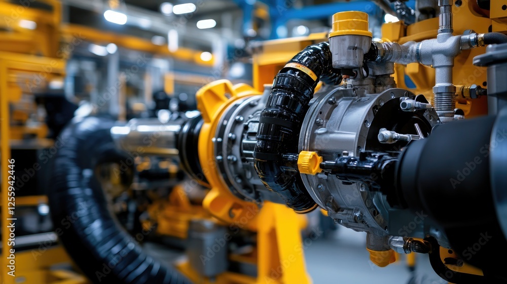 Poster industrial machinery in factory setting with intricate components
