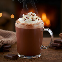 A steaming mug of hot chocolate topped with whipped cream and chocolate shavings