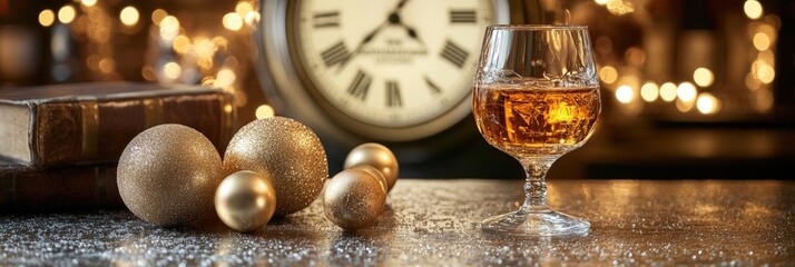 Festive drink, clock, ornaments, books, bokeh. New Year's celebration