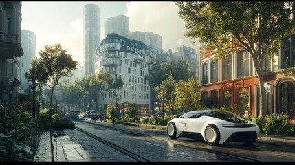 Fototapeta premium A futuristic car with a sleek design is parked on a street in a city surrounded by tall buildings and trees. The atmosphere combines advanced technology with a peaceful urban setting.