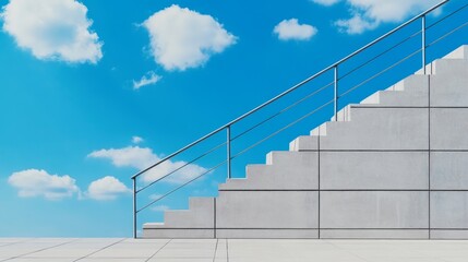 Fototapeta premium Modern concrete staircase leading to a bright blue sky with fluffy cloud, symbolizing ascent and freedom