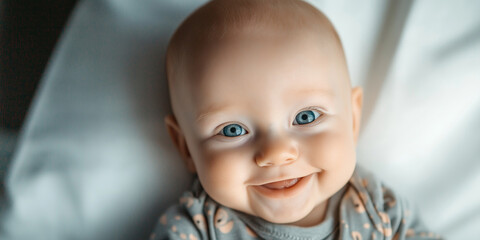 Adorable baby smiling and lying on white sheets