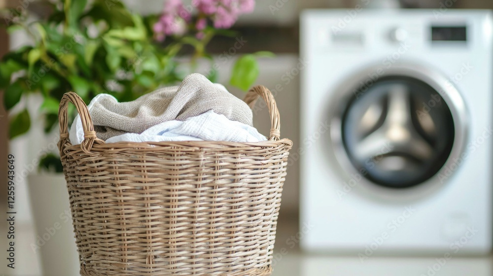 Poster nestled in a bright laundry room, a woven basket brims with freshly laundered attire. soft textiles 