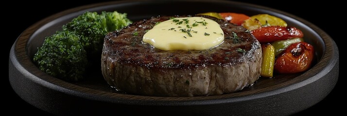 Grilled steak, butter, broccoli, veggies. Restaurant dinner. Food photography