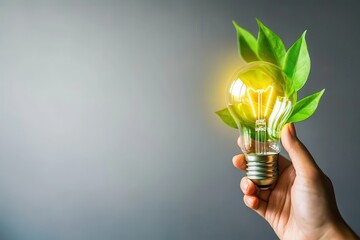 Green innovation and sustainable energy. Hand holding a light bulb with leaves, symbolizing eco-friendly energy.