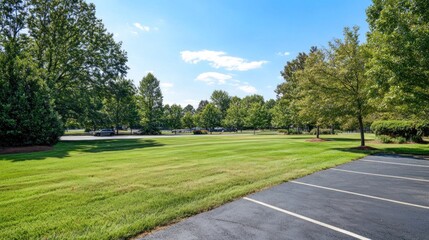 Obraz premium Lush Green Lawn and Trees Under a Bright Blue Sky on a Sunny Day