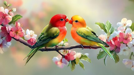 Fototapeta premium Colorful birds perched on blooming branch, two vibrant lovebirds sharing a moment surrounded by soft floral hues, ideal for nature themes.