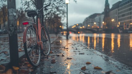 Cycling through rainy streets urban city evening environment close-up view serenity amidst chaos