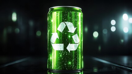 Green innovation and sustainable energy. Green can with a recycle symbol, illuminated in a dark setting.