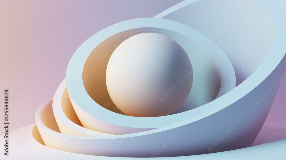 Poster abstract pastel colored sphere emerging from concentric circles, 3d render