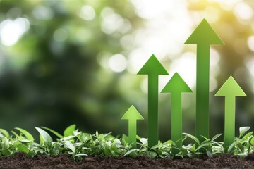 Green innovation and sustainable energy. Green arrows representing growth above lush greenery and soil.