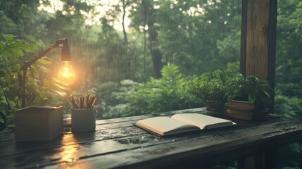 Cozy reading in the rain a peaceful workspace with warm light lush greenery and open notebook on a rustic table capturing tranquility and inspiration amidst nature