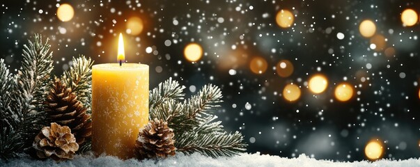 Snowy night, lit candle, pine, winter. Holiday card