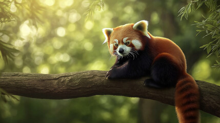 Red panda resting on a branch in lush green forest