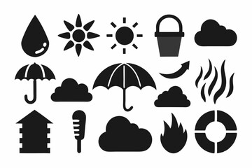 Simple weather icons set with sun, clouds, rain, snow, and storm symbols vector illustration  