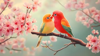 Colorful birds perched on branch, vibrant lovebirds amidst delicate pink blossoms, capturing nature's romance and beauty.