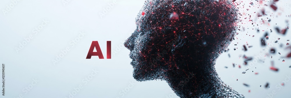 Poster abstract representation of artificial intelligence with human head silhouette and network particles