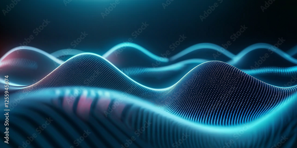 Poster abstract blue wavy particle grid forming digital landscape