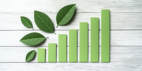 Green innovation and sustainable energy. Green growth chart made with leaves on a wooden background.