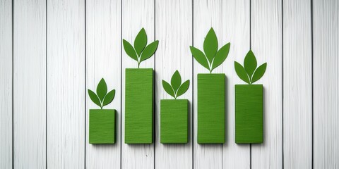Green innovation and sustainable energy. Green growth bars with leaves on a wooden background.