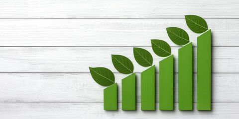 Green innovation and sustainable energy. Green bars with leaves symbolize growth on a wooden background.