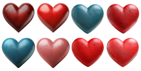Colorful Hearts in Red and Blue Shades for Creative Projects, isolated on transparent background