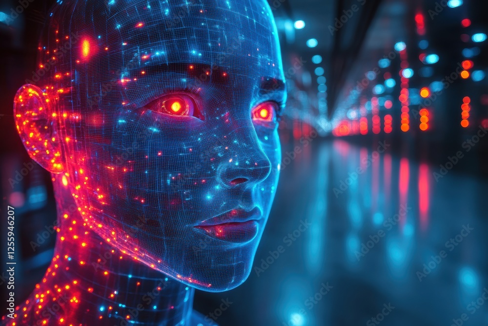 Aufkleber futuristic robotic face with glowing features in a dark setting, highlighting advanced tech
