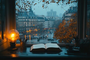 Rainy Paris view from a cozy window with a book and lamp capturing a serene and atmospheric scene Paris in the rain is stunning