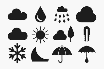 Simple weather icons set with sun, clouds, rain, snow, and storm symbols vector illustration  