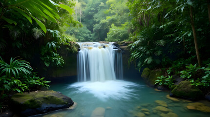 A serene waterfall cascades into a turquoise pool, surrounded by lush green foliage. The tranquil scene captures the beauty of untouched nature, perfect for relaxation and inspiration.