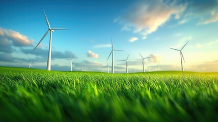 Green innovation and sustainable energy. Wind turbines under a blue sky on green grassland.