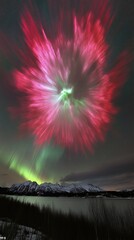 Red Aurora Borealis explosion over snowy mountains, night sky, nature photography