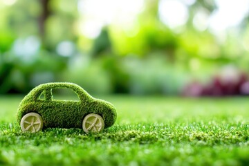 Green innovation and sustainable energy. Eco-friendly car made of grass on green lawn.