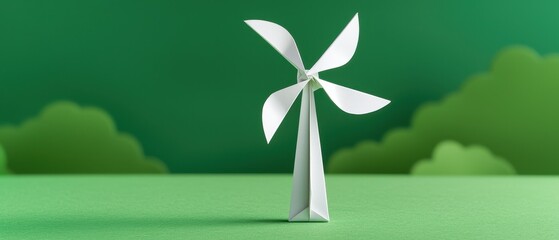 Green innovation and sustainable energy. Origami wind turbine on green background with clouds.