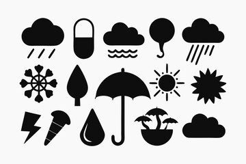 Simple weather icons set with sun, clouds, rain, snow, and storm symbols vector illustration  