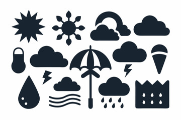 Simple weather icons set with sun, clouds, rain, snow, and storm symbols vector illustration  