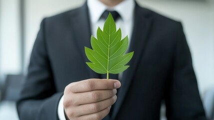 Green innovation and sustainable energy. Businessman holding a green leaf symbolizing sustainability and eco-friendliness.
