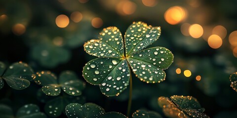 Four-leaf clover, macro photography, bokeh background, water drops on leaves, St. Patrick's Day decoration, wallpaper