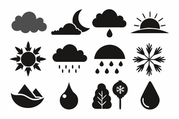 Simple weather icons set with sun, clouds, rain, snow, and storm symbols vector illustration  