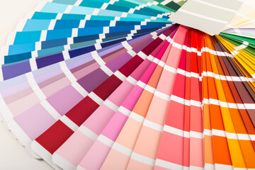 Obraz premium Color palette isolated on white background. Color palette guide. paper catalog of rainbow color. creative.Palette, samples of trending colors. Color swatches. Decor and interior designer.