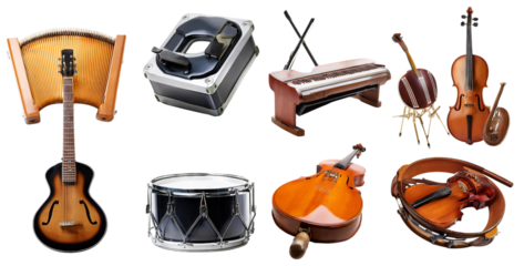 Collection of Vintage Musical Instruments in Isolated White Background, isolated on transparent background