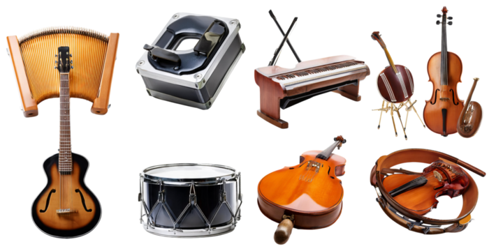 Collection of Vintage Musical Instruments in Isolated White Background, isolated on transparent background