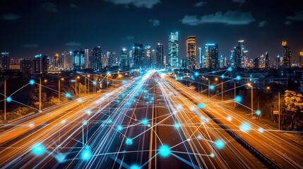 Fototapeta premium City Night View under the Tech Network