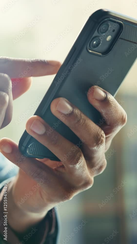 Poster Social media, business and hands scroll with smartphone for internet, communication and app. Contact, chat and person with phone for email, online conversation and networking with message at work