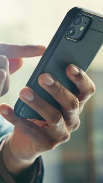 Social media, business and hands scroll with smartphone for internet, communication and app. Contact, chat and person with phone for email, online conversation and networking with message at work