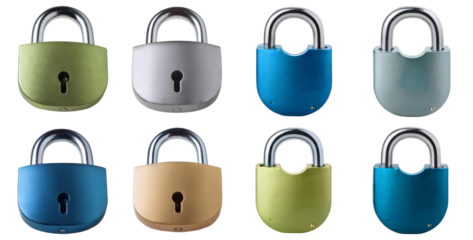 Colorful Padlocks Arranged in Grid Pattern on White Background, isolated on transparent background