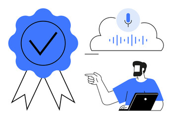Certification badge with a checkmark, cloud with microphone and sound waves, man with laptop pointing. Ideal for certification, digital skills, online learning, voice tech, IT training, modern