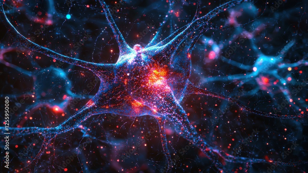 Aufkleber abstract representation of a neuron, showing intricate connections and glowing points of light, agai