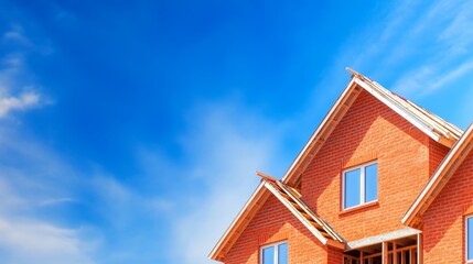 Bright blue sky over a newly constructed red brick house with wooden roof details and windows